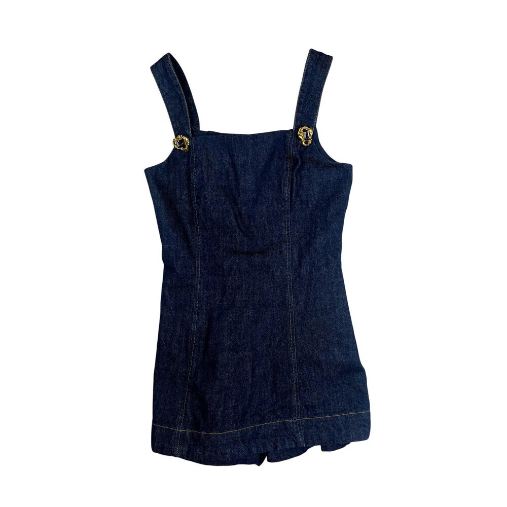 Line & Dot Caryl Denim Romper with Gold Buckle Straps – Size XS